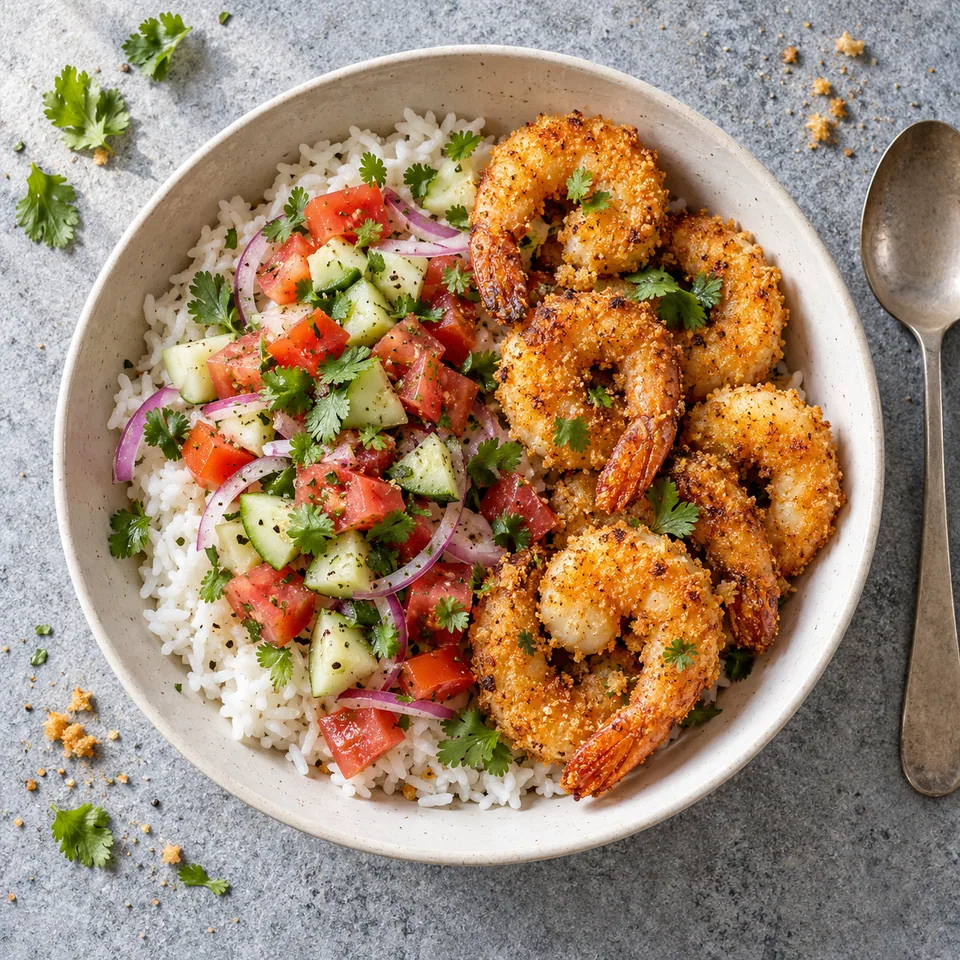 Bol de riz et salade fraîche avec crevettes croustillantes panées dorées et coriandre