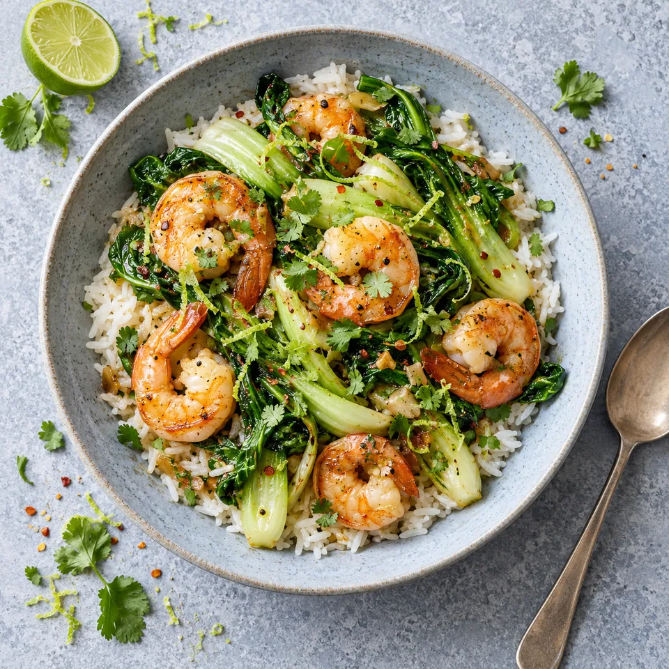 Assiette creuse de crevettes et pak choï sautés sur riz au citron vert, parsemée de coriandre fraîche.