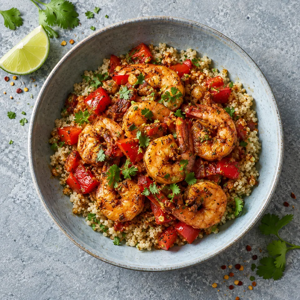 Crevettes ghee roast, quinoa aux poivrons : portion de quinoa, crevettes roses et poivrons rouges sur assiette bleue.