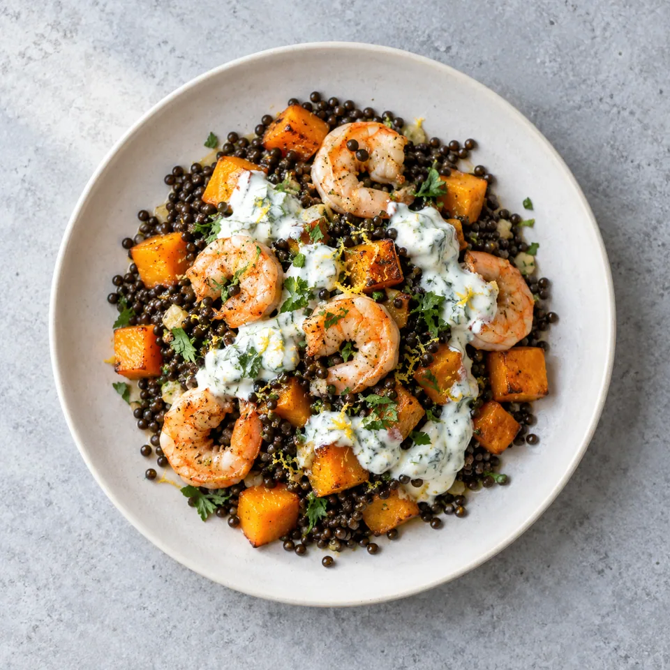 Crevettes roses avec lentilles noires et dés de courge, accompagnées d’une sauce blanche au yaourt citronné.
