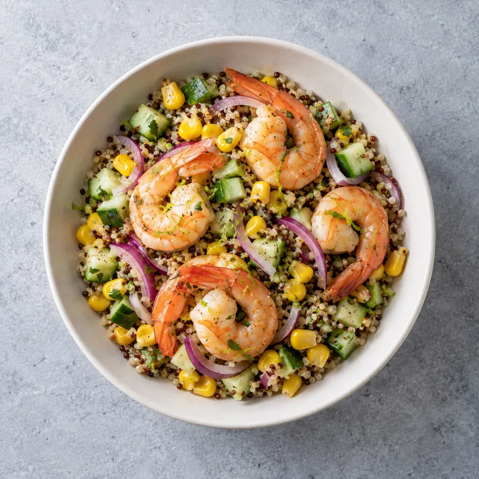 Crevettes entières sur quinoa et maïs, avec dés de concombre, lamelles d’oignon rouge et zestes de citron vert.