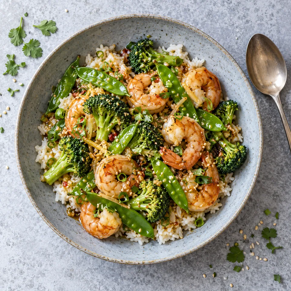 Crevettes sautées au brocoli et pois gourmands sur riz, parsemées de sésame, dans une assiette creuse bleu-gris.