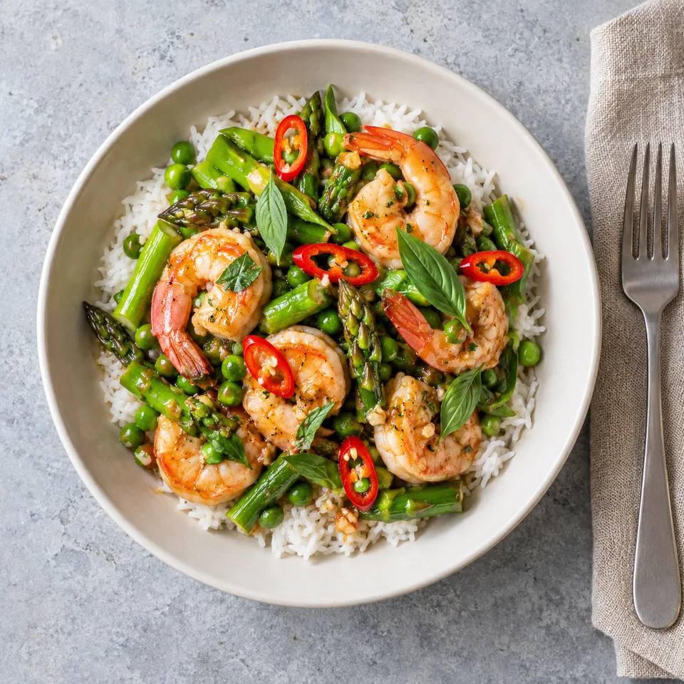 Bol de riz jasmin aux crevettes thaïes, asperges vertes et petits pois, garni de basilic et piment.