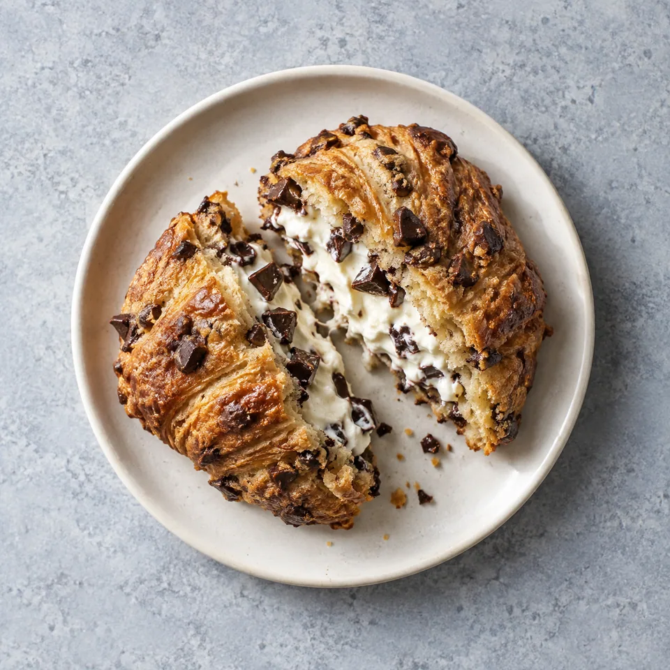 Crookie maison doré et croustillant, ouvert pour montrer le cœur crémeux au fromage blanc et aux pépites de chocolat noir sur une assiette blanche.
