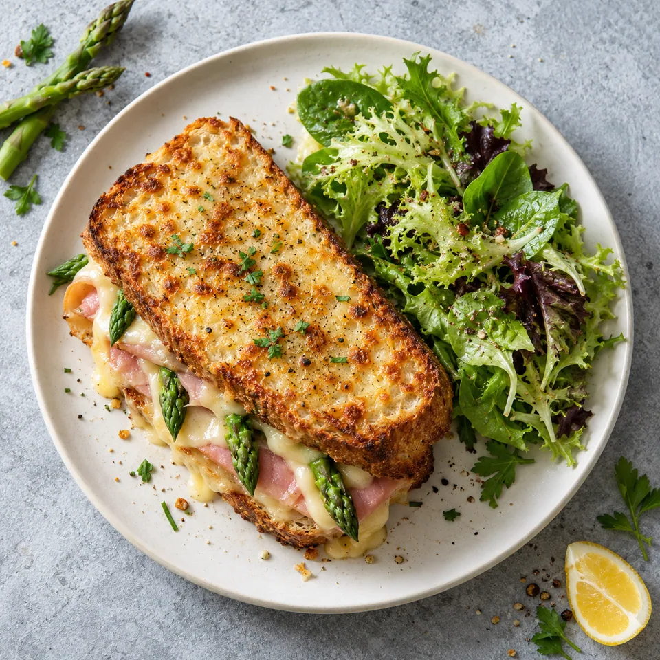 Croque aux asperges, jambon et comté doré avec salade verte sur assiette blanche
