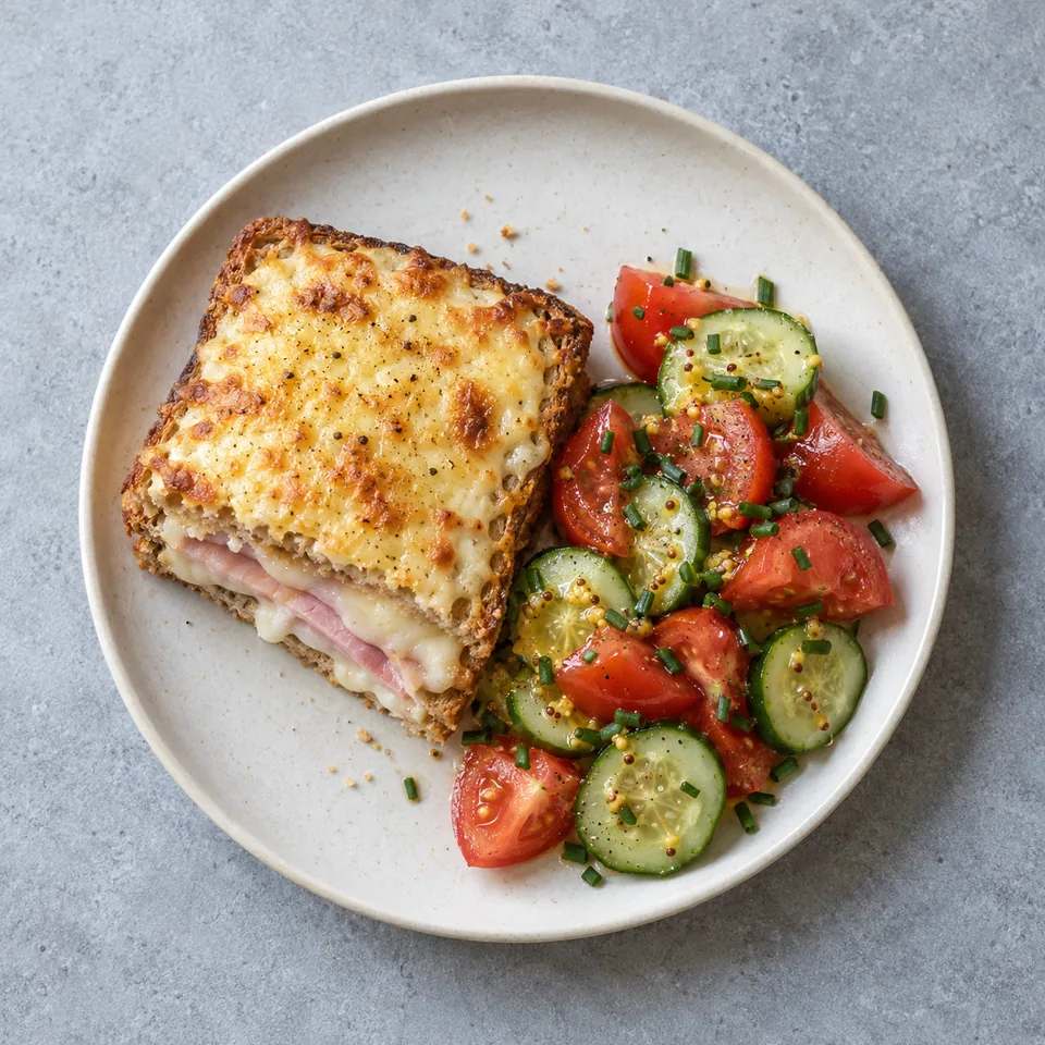 Croque-monsieur au jambon, doré et couvert de fromage fondu, accompagné d’une salade de tomates, concombre et ciboulette.