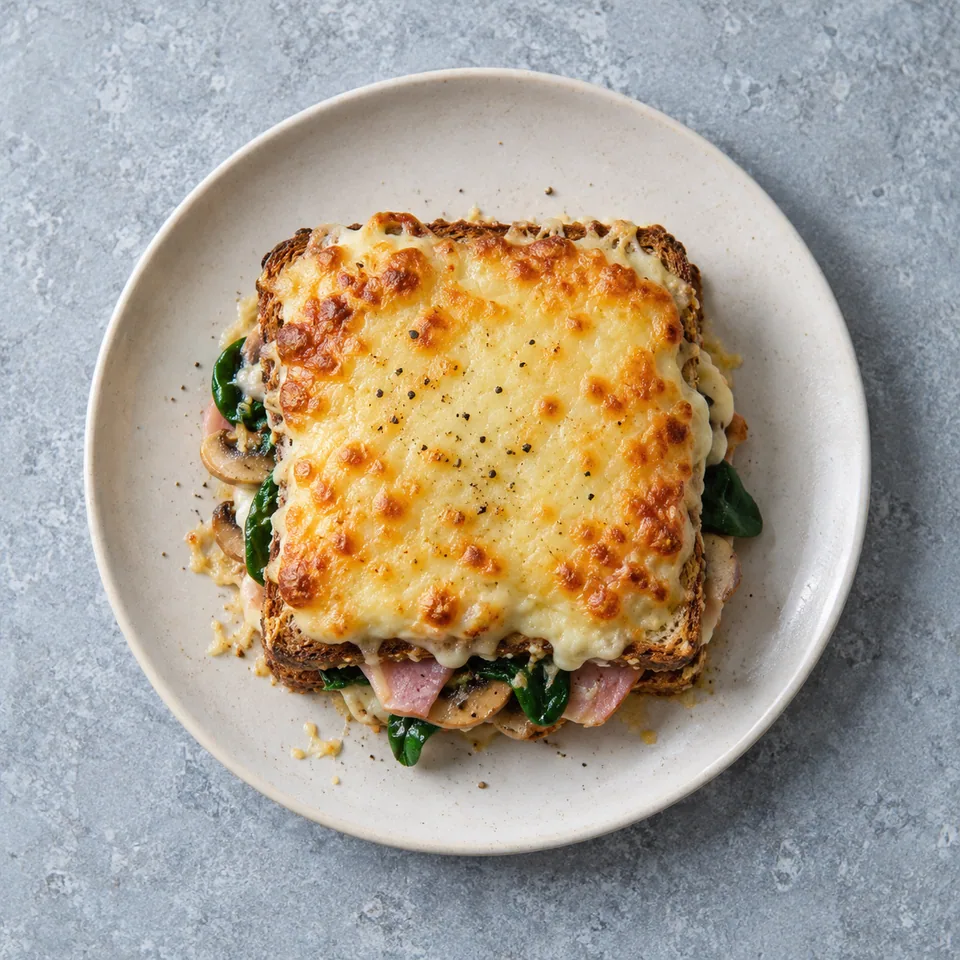 Croque-monsieur gratiné aux légumes : pain complet nappé de fromage doré, jambon rose, champignons émincés et épinards verts.