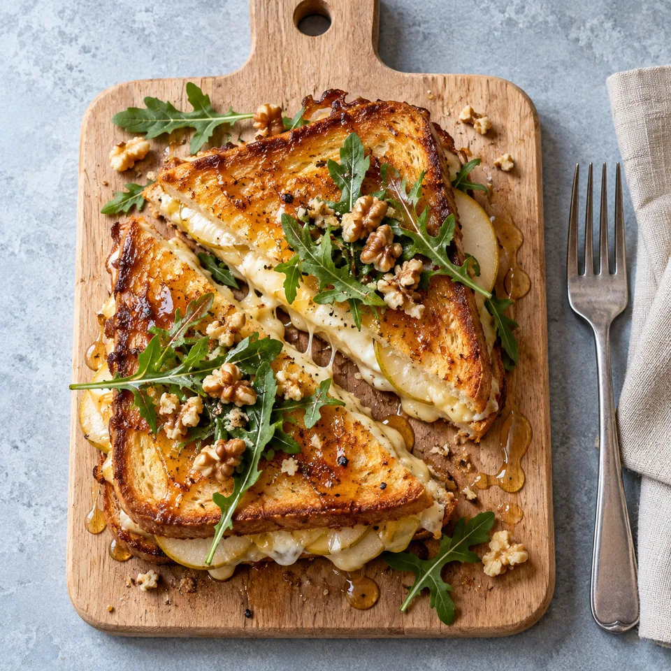 Croque poire, fromage et miel sur planche en bois : sandwich doré, roquette verte et noix.