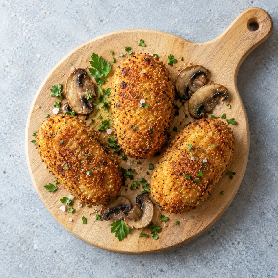 Trois croquettes de champignons et fromage au four, dorées et croustillantes, posées sur une planche en bois clair.