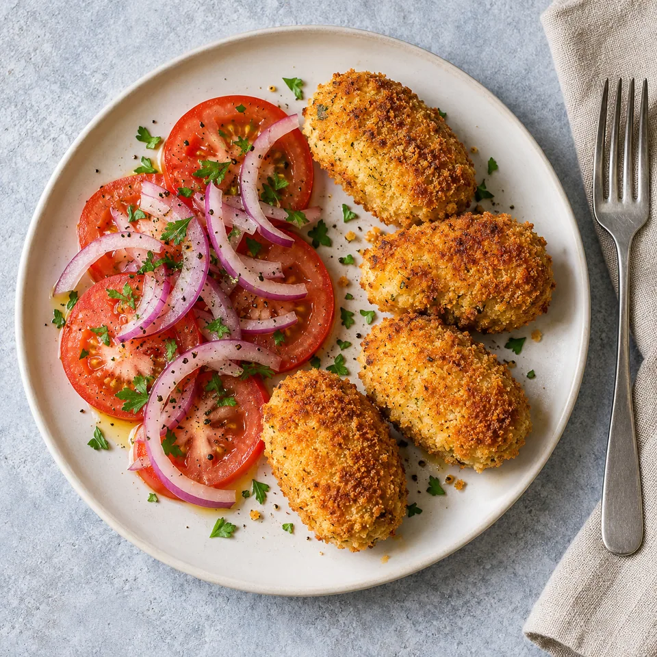 Assiette de croquetas de pollo au four dorées et croustillantes, accompagnées de tomates et oignon rouge frais.