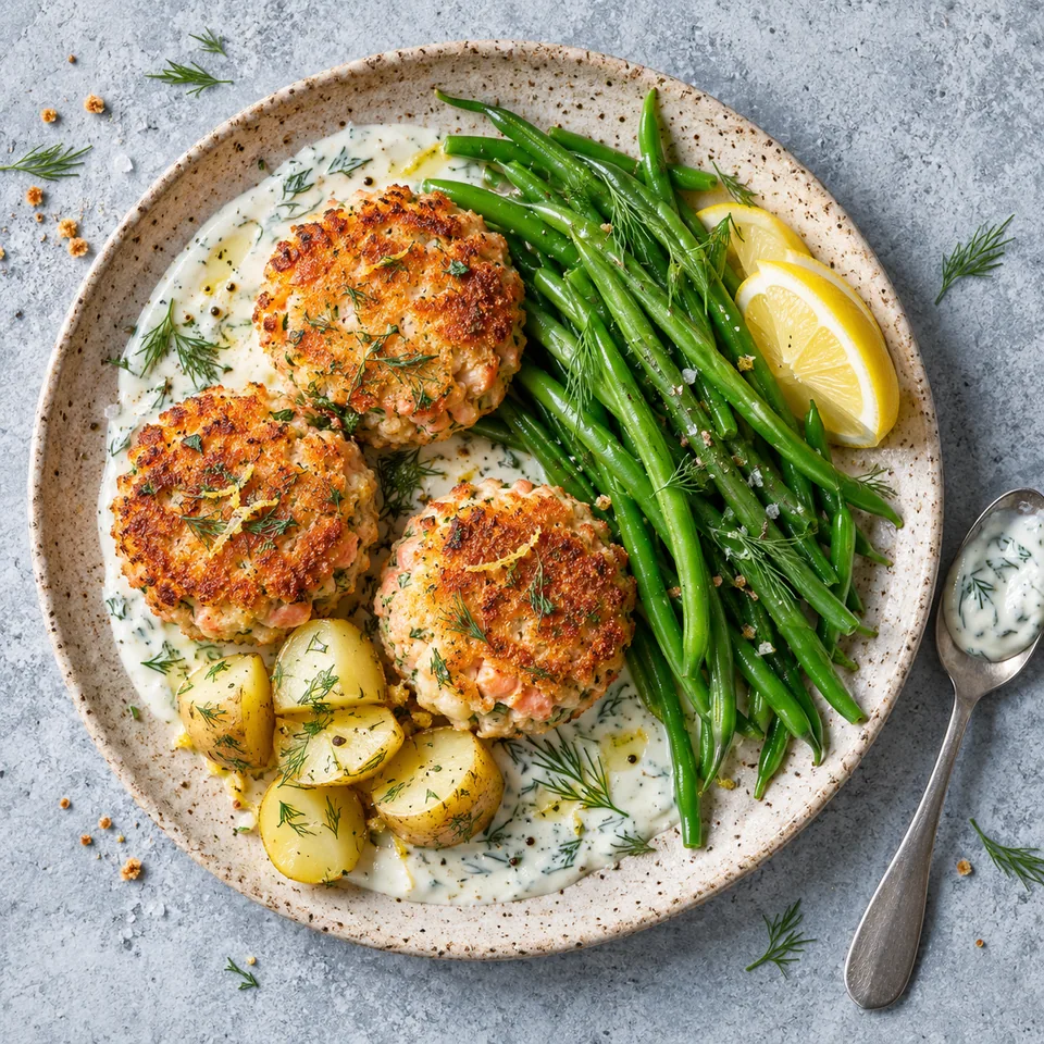 Assiette de croquettes de saumon dorées, haricots verts et sauce yaourt citronnée à l'aneth.