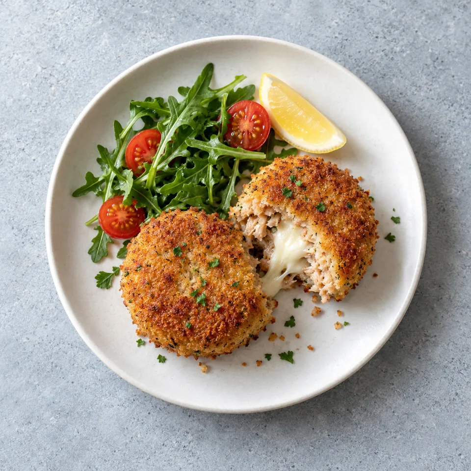 Deux croquettes de thon au cœur de mozzarella dorées et croustillantes sur une assiette blanche.