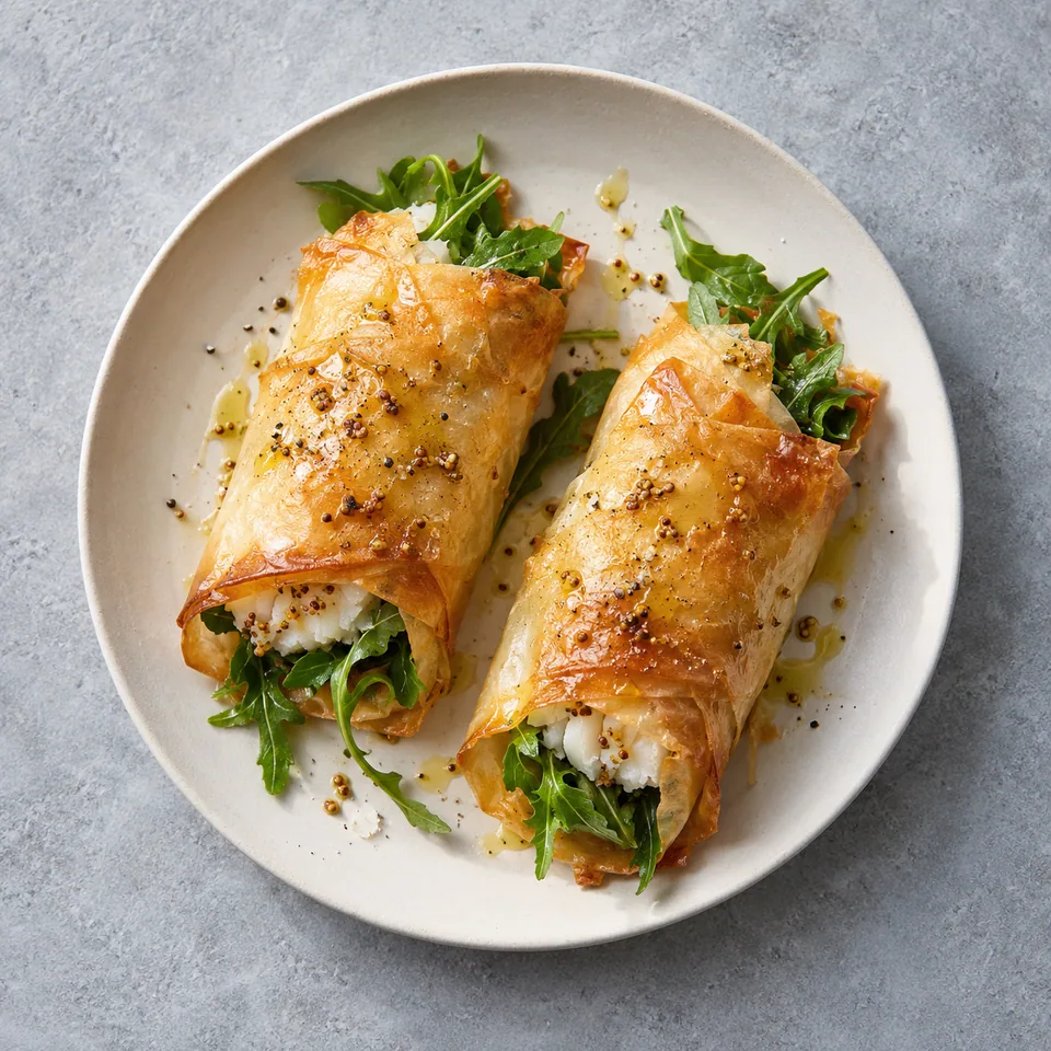 Croustillants de cabillaud à la moutarde : deux bricks dorés garnis de poisson et roquette sur une assiette blanche.
