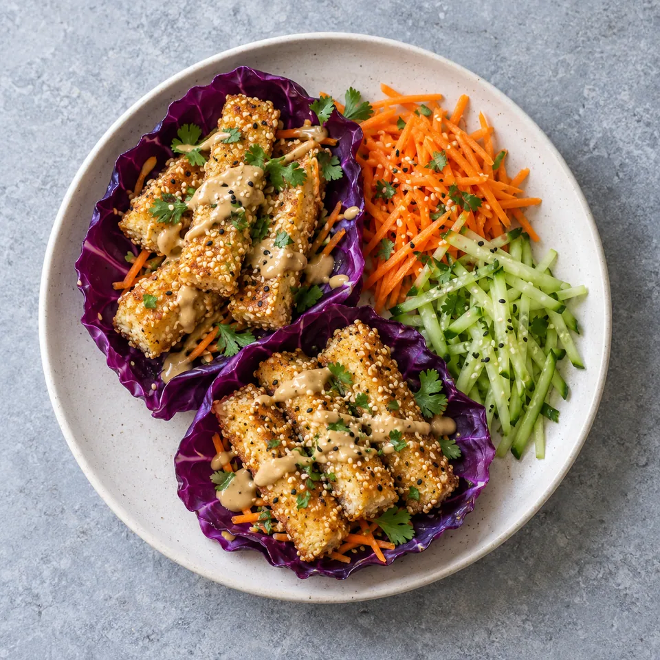 Croustillants de tofu au chou rouge : bâtonnets dorés sur lit violet, carottes râpées et sauce beige.