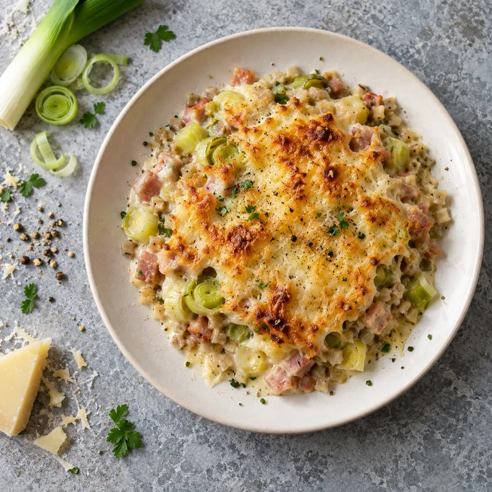 Portion de croziflette aux poireaux et au comté dans une assiette blanche, croûte dorée et gratinée.