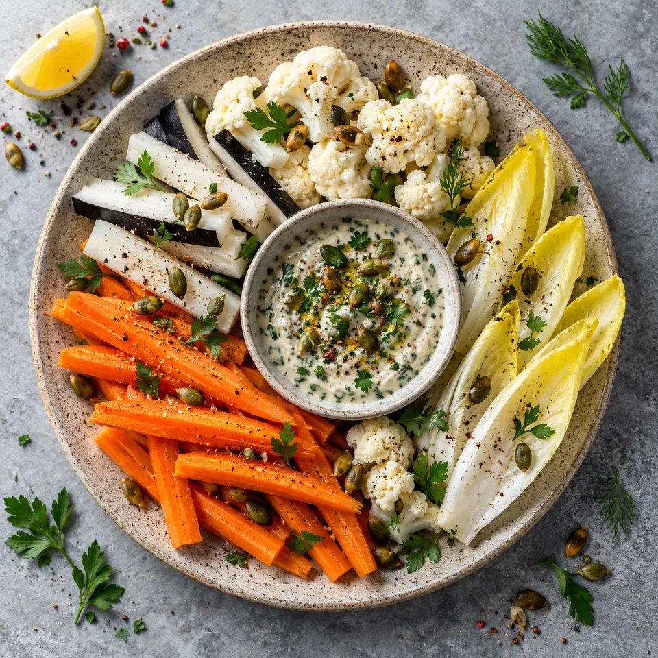 Assiette de crudités d'hiver (radis, carotte, chou-fleur, endive) avec dip soja-herbes et graines de courge sur fond beige.
