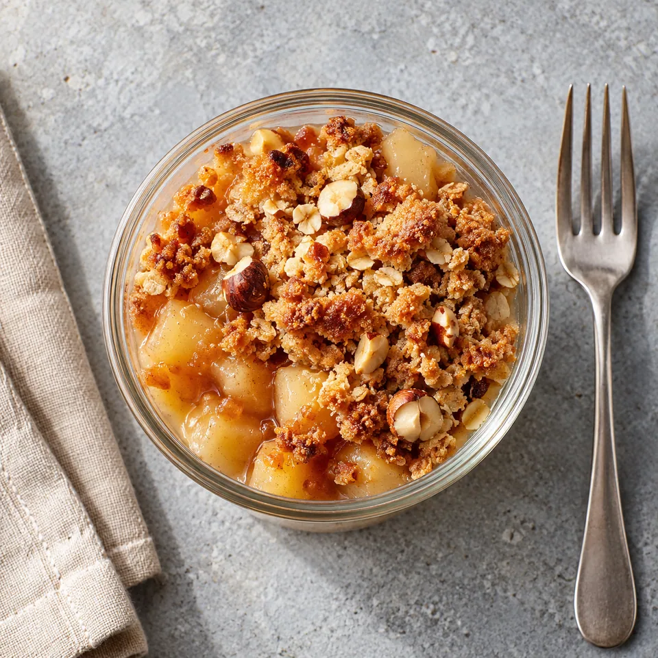 Crumble de coings, pommes et noisettes dans une verrine en verre, croûte dorée et croustillante sur fruits fondants.