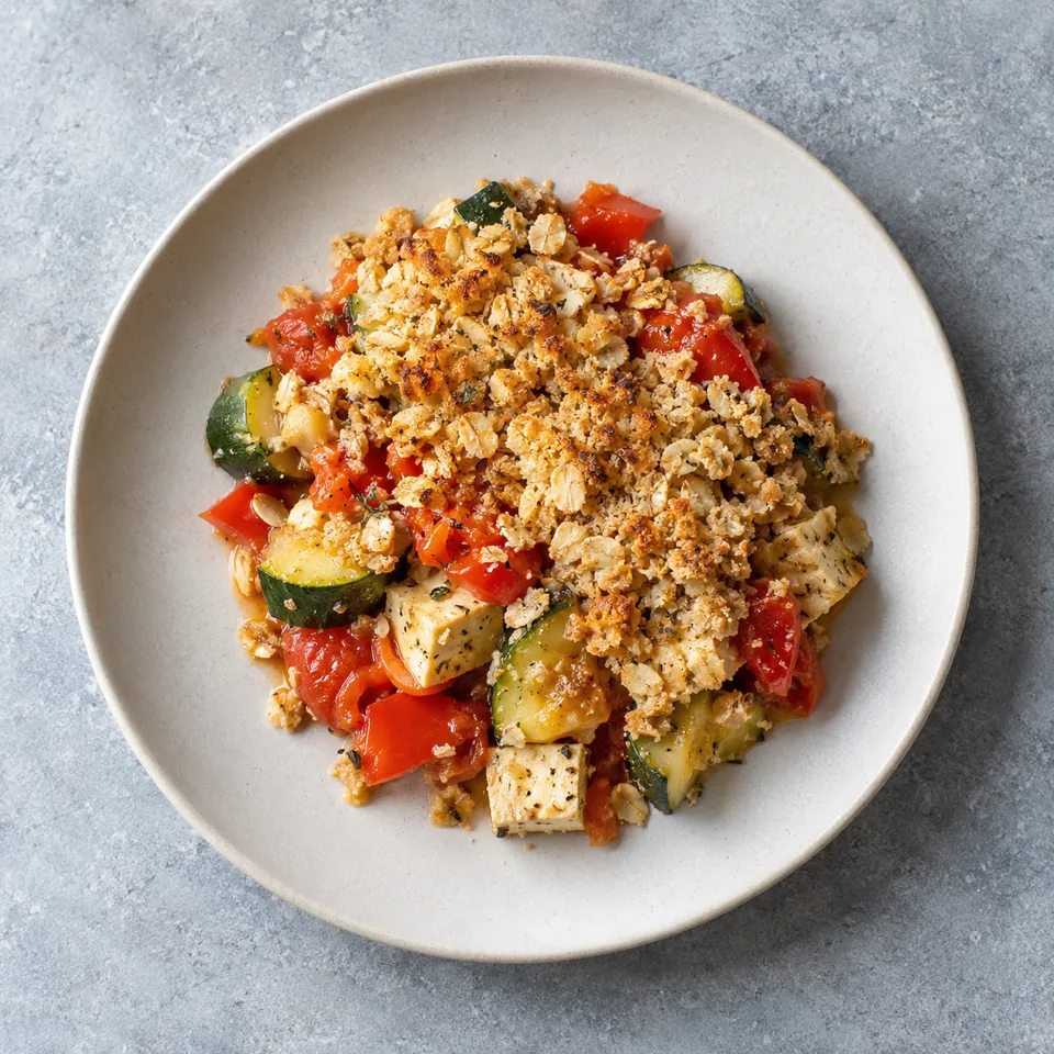 Crumble de légumes au tofu, portion sur assiette, légumes tendres et tofu ivoire sous une garniture d’avoine et parmesan dorée.