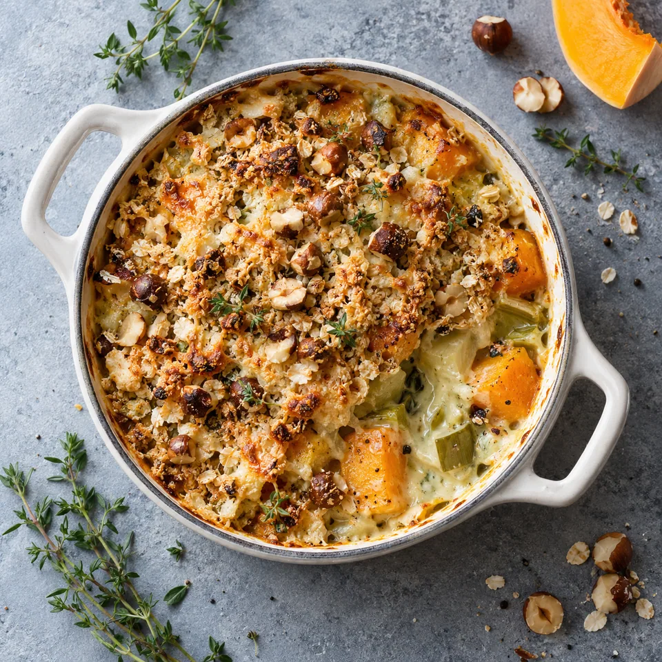 Crumble de légumes d’hiver aux noisettes et fromage dans une cocotte blanche, croûte dorée et croustillante