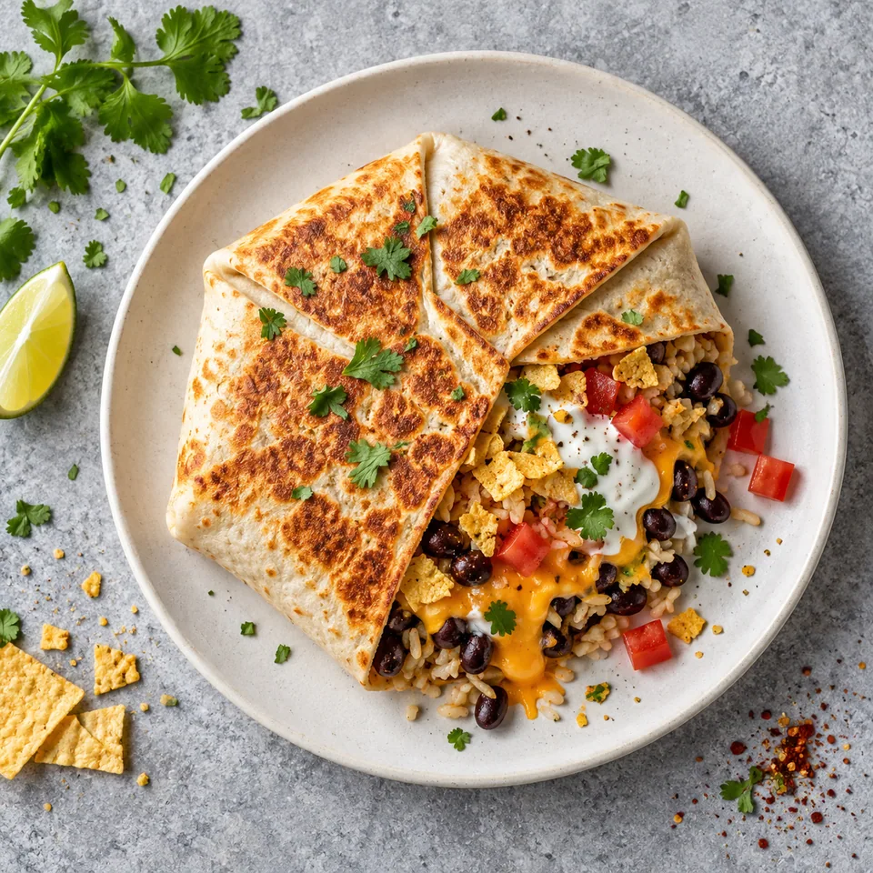 Crunchwrap végétarien doré et croustillant sur assiette blanche, garni de haricots noirs, cheddar fondu, skyr et crudités.