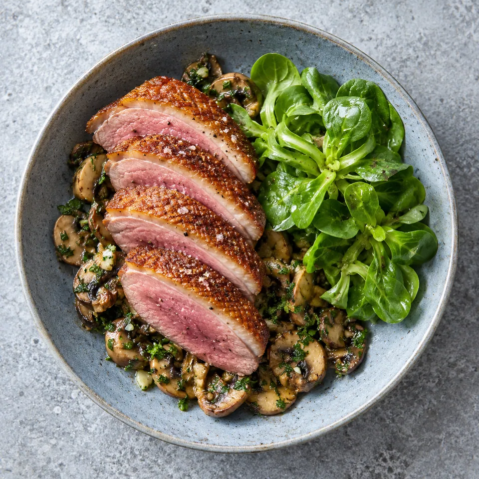 Canard croustillant aux champignons en persillade : tranches de magret doré, champignons émincés et mâche fraîche sur assiette bleue.