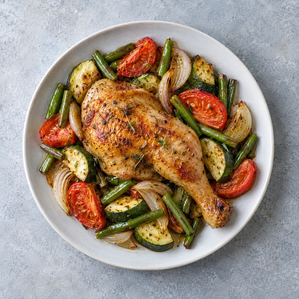 Cuisses de poulet rôties aux légumes : une cuisse dorée entourée de courgettes, tomates, haricots verts et oignon rôtis.