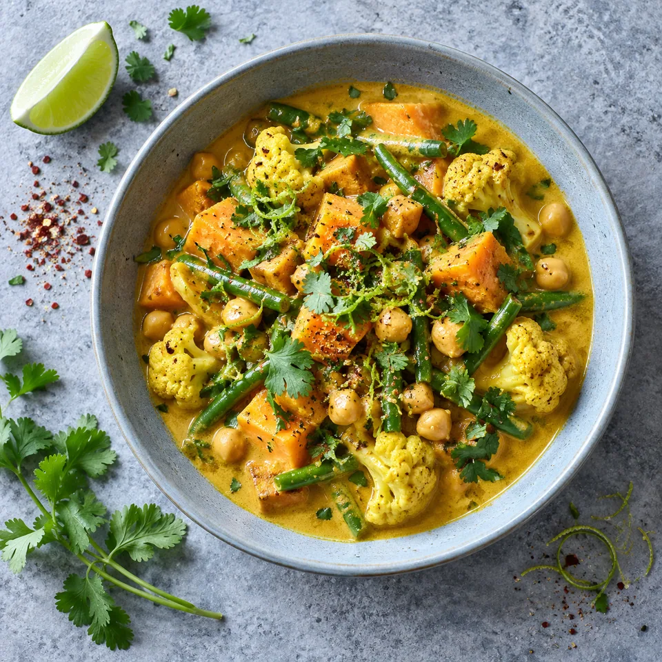 Assiette creuse bleu-gris contenant une portion de curry de légumes au lait de coco, sauce jaune doré, pois chiches, légumes coupés et coriandre fraîche.