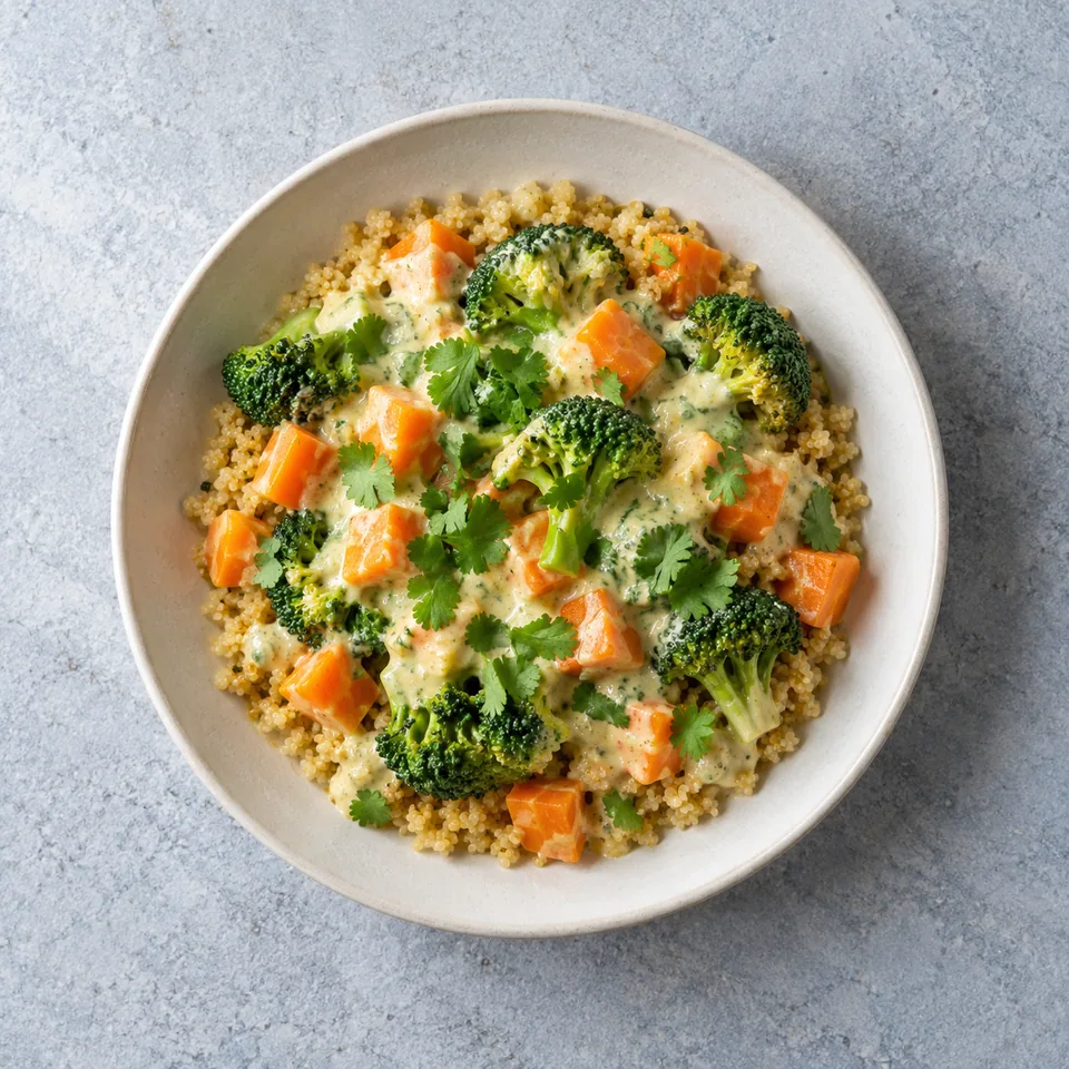 Curry de légumes au quinoa : quinoa, carottes et brocoli nappés de sauce coco-yaourt et coriandre.