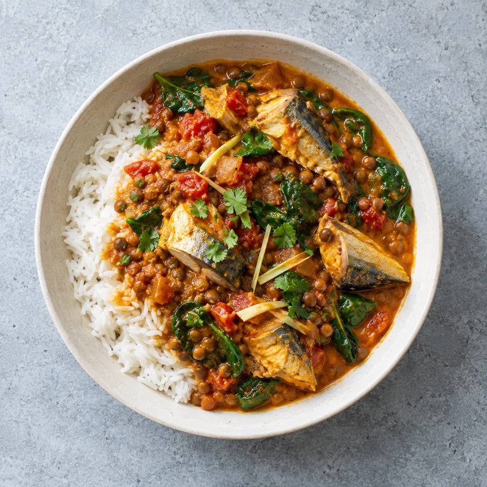 Bol de riz au curry de maquereau aux lentilles et épinards, sauce rouge orangée.