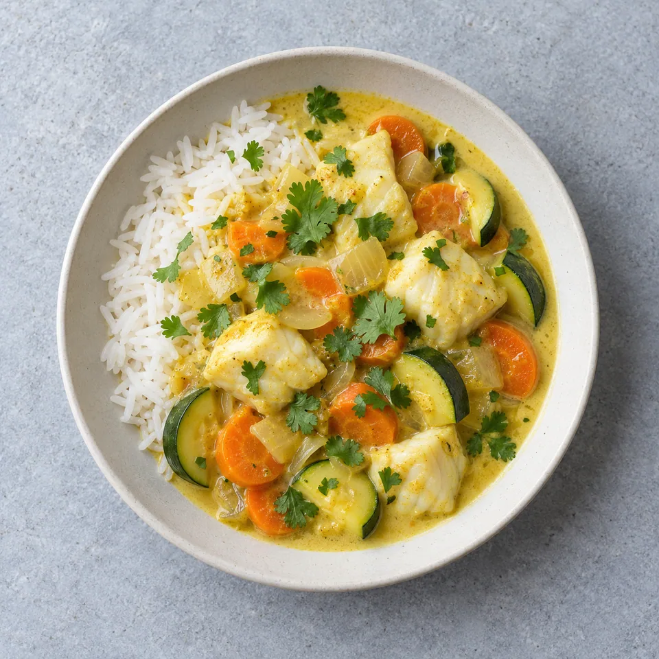 Curry de poisson aux légumes et riz : poisson blanc, courgettes vertes et carottes orange en sauce jaune, riz et coriandre.