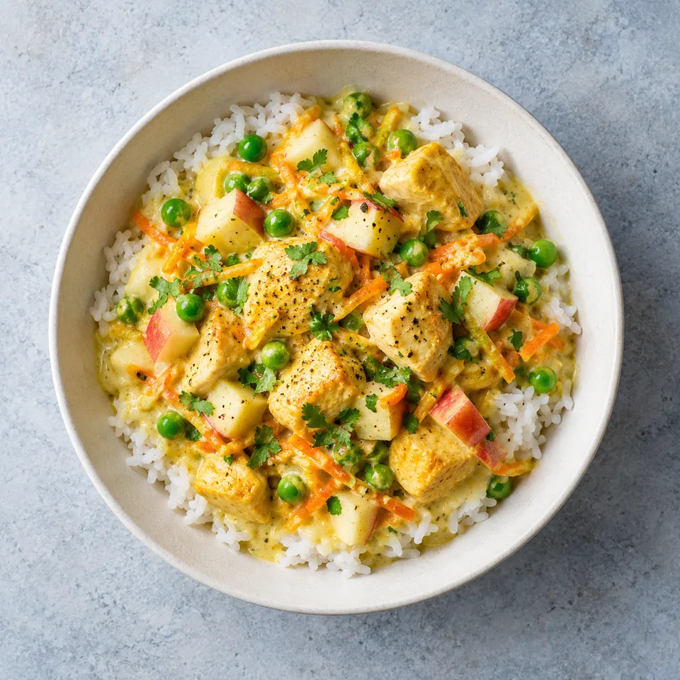 Curry de poulet à la pomme, coco et riz dans un bol blanc cassé, avec riz, poulet, légumes et sauce crémeuse.
