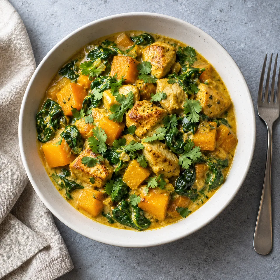Curry de poulet, butternut et épinards servi dans un bol blanc cassé, avec sauce crémeuse et coriandre.