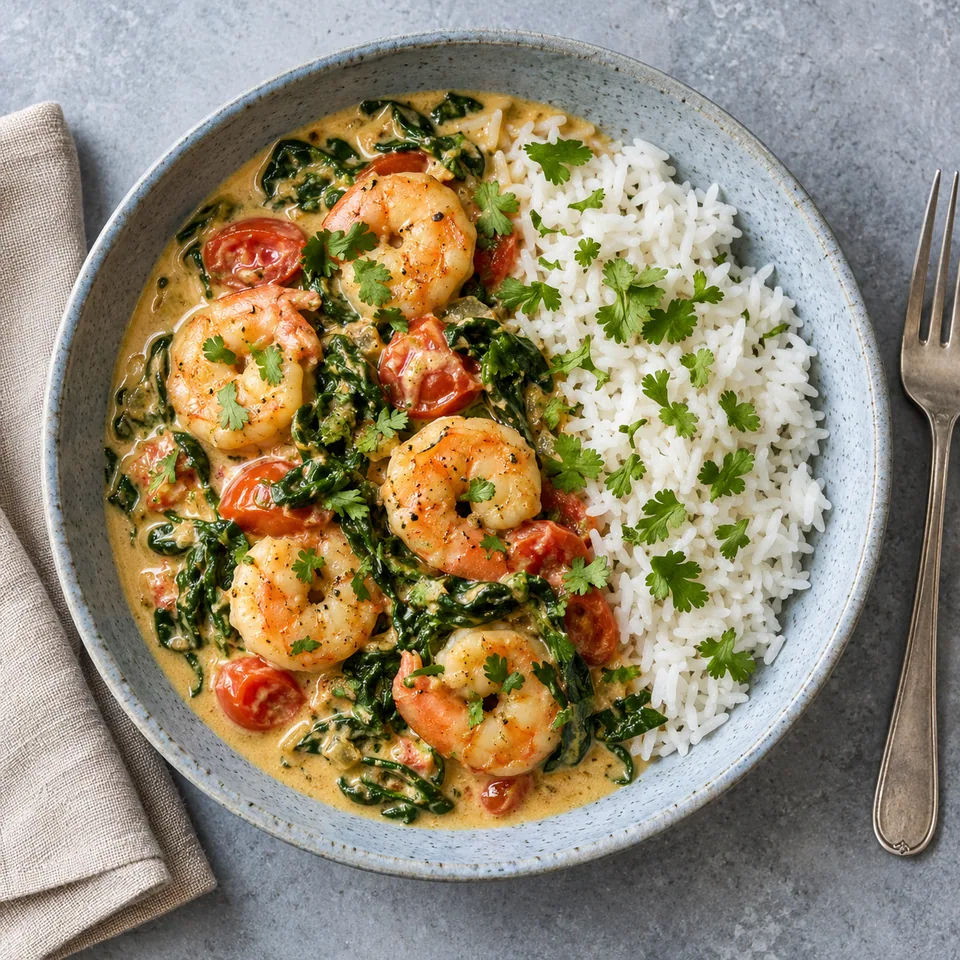 Curry express de crevettes aux épinards et tomates servi sur une assiette creuse bleu-gris pâle avec riz et coriandre.