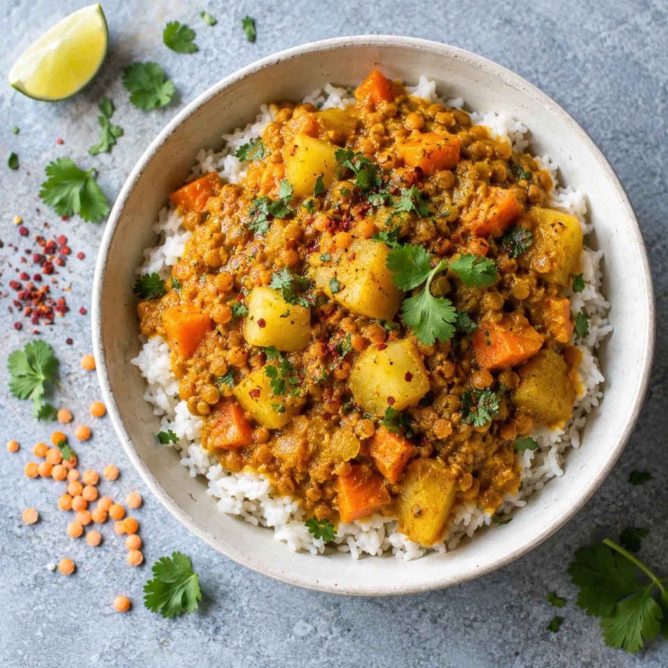 Curry jamaïcain de lentilles, pommes de terre et riz : riz blanc sous sauce épaisse dorée aux légumes et lentilles.