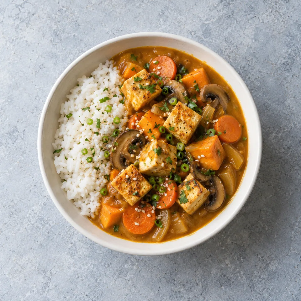 Curry japonais végétarien au tofu : riz blanc, légumes en sauce orangée et cubes de tofu dorés dans un bol.