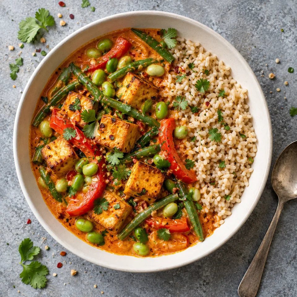 Curry rouge de tofu et légumes, riz complet : dés de tofu dorés, légumes colorés dans une sauce crémeuse, servis avec riz brun.