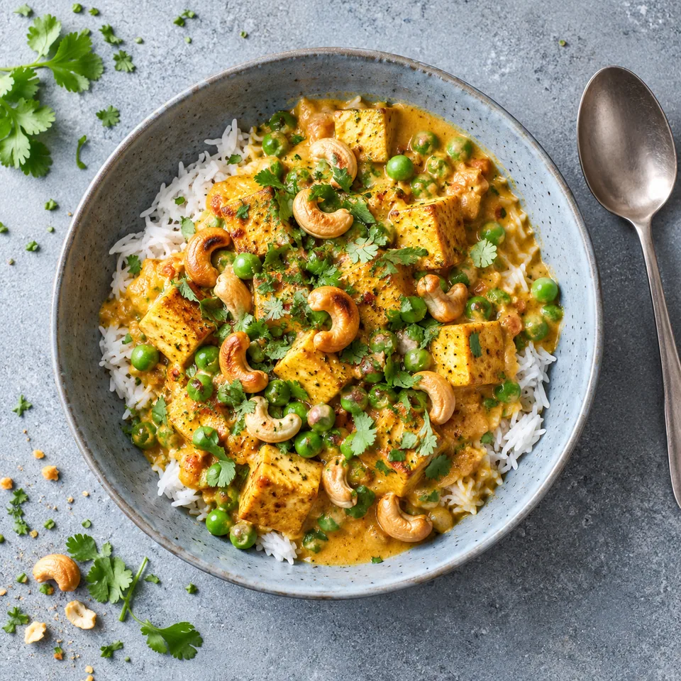 Curry sri-lankais cajou, petits pois et riz : riz blanc, tofu doré, petits pois verts et sauce crémeuse dans un bol bleu-gris.