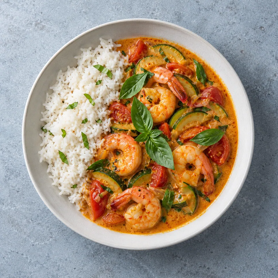 Curry thaï de crevettes : riz blanc accompagné de crevettes, courgettes et tomates dans une sauce coco orangée, garni de basilic.