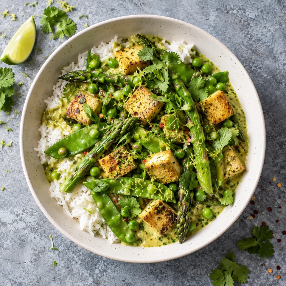 Curry vert aux asperges, pois et tofu servi sur riz dans un bol blanc cassé