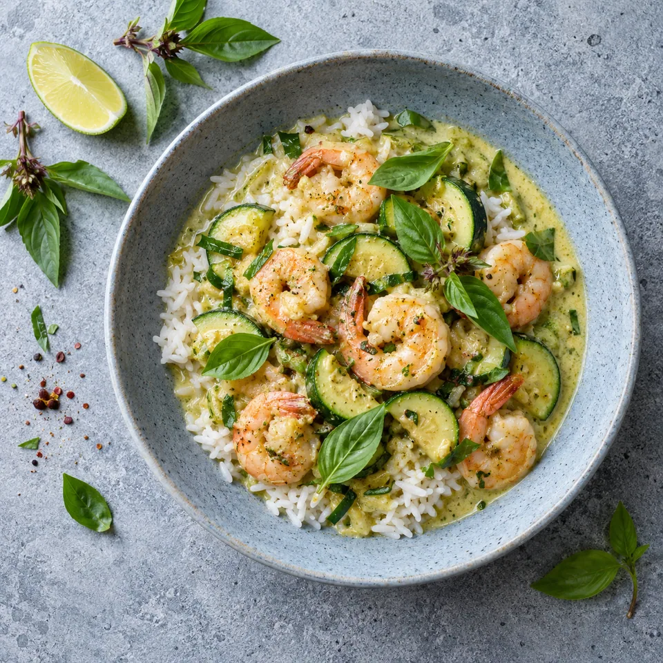 Curry vert de crevettes aux courgettes et basilic thaï servi sur riz jasmin dans une assiette creuse bleu-gris.