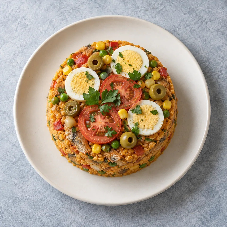 Cuscuz paulista en portion cylindrique sur assiette blanche, garni de rondelles d'œuf et de tomate.