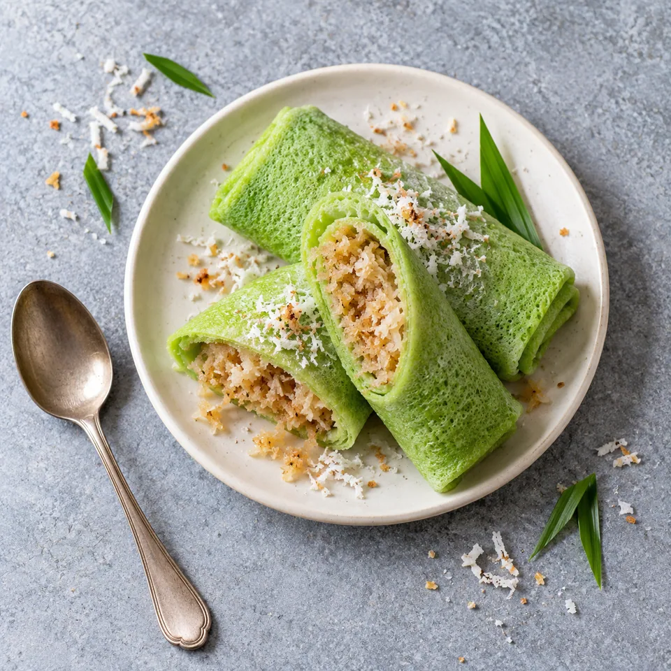 Dadar gulung : crêpe roulée verte pandan coupée en biais sur assiette blanche, révélant la farce coco beige.