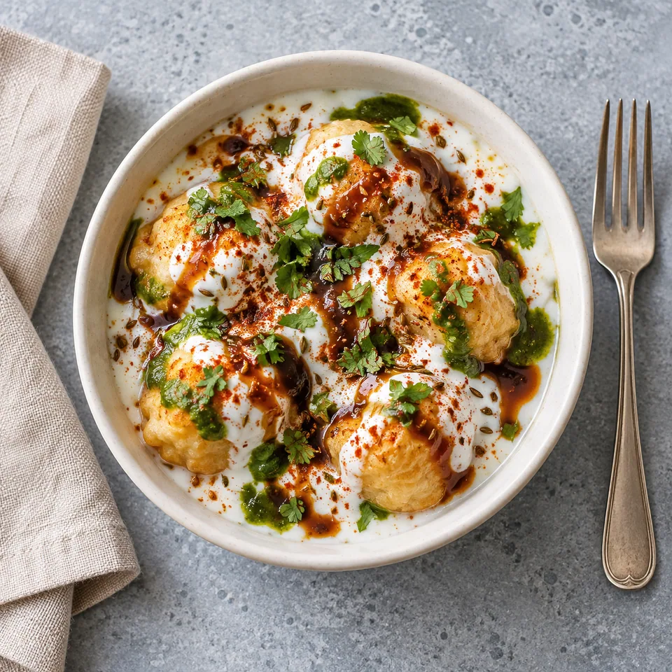 Dahi bhalla : bouchées de lentilles nappées de yaourt blanc, chutneys verts et rouges, dans un bol blanc.