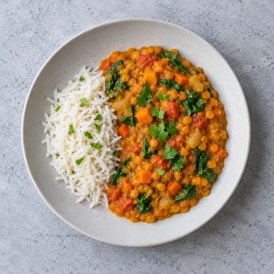 Dahl de lentilles corail au riz : portion orangée avec carottes, tomates et épinards, accompagnée d’un petit tas de riz blanc.