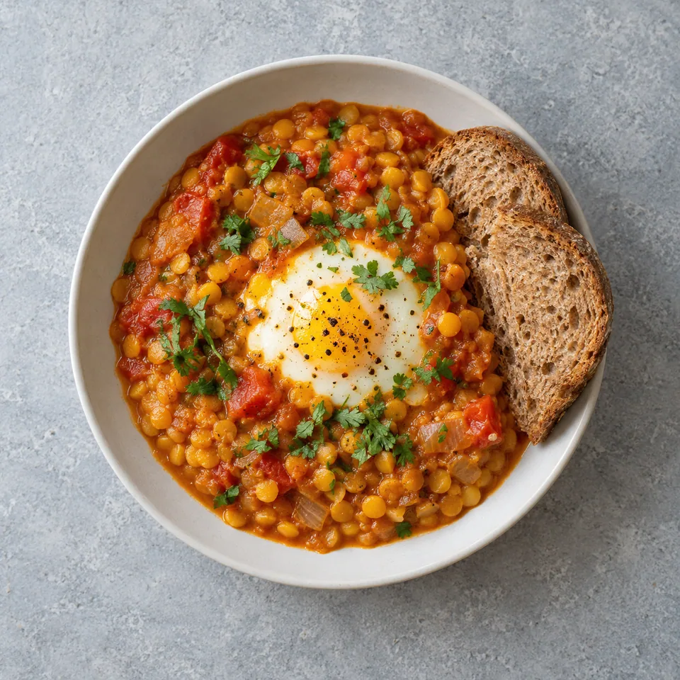 Dahl de pois jaunes épais aux tomates, avec un œuf dur au centre et des tranches de pain complet sur le côté.