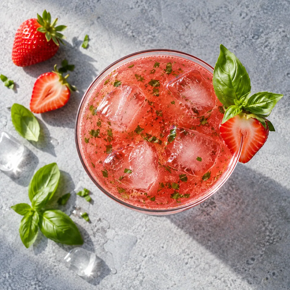 Daiquiri fraise-basilic dans un verre transparent, couleur rose vif avec glaçons et garniture de basilic frais.