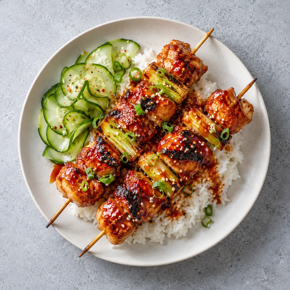 Daccochi : brochettes de poulet grillé doré et poireaux sur riz blanc et concombre, sauce rouge brillante.