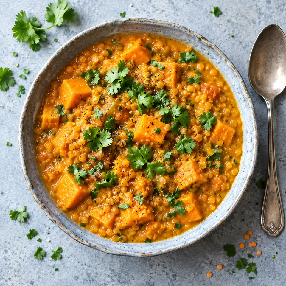 Bol de dal de patate douce et lentilles corail crémeux, parsemé de coriandre fraîche, vue de dessus.