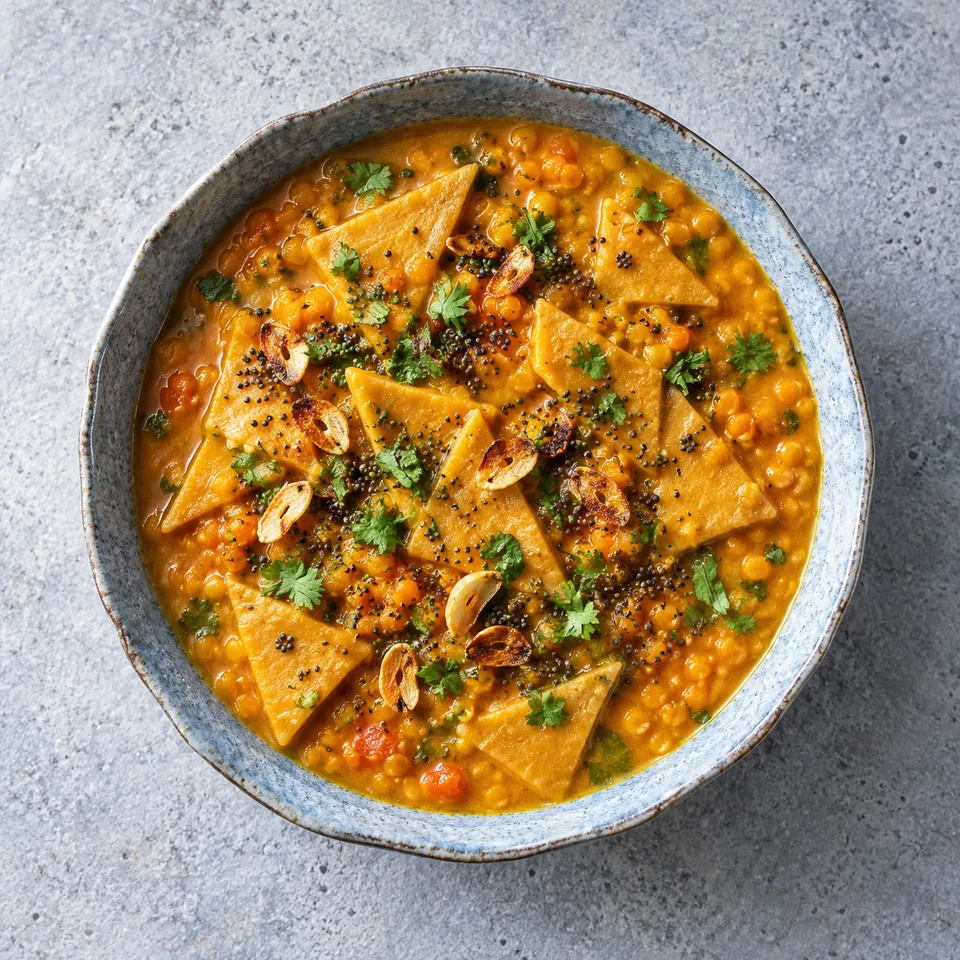 Dal dhokli : bol de dal orange aux lentilles corail et losanges de pâte dorés, garni de coriandre.