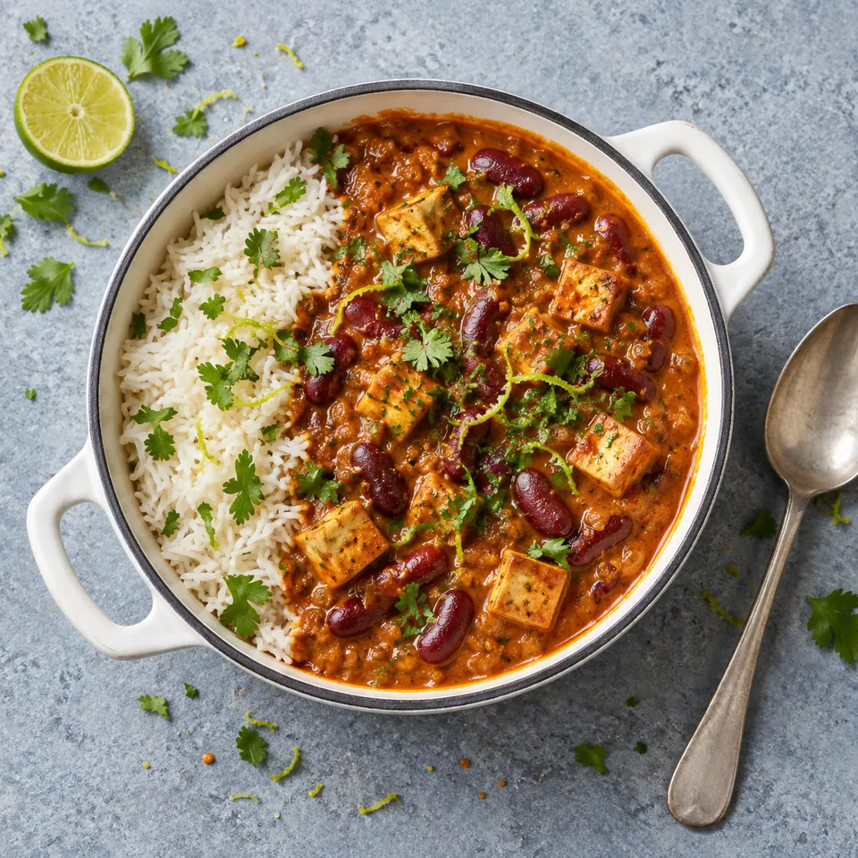 Portion de dal makhani végétal aux haricots rouges dans une petite cocotte blanche, avec riz et coriandre.